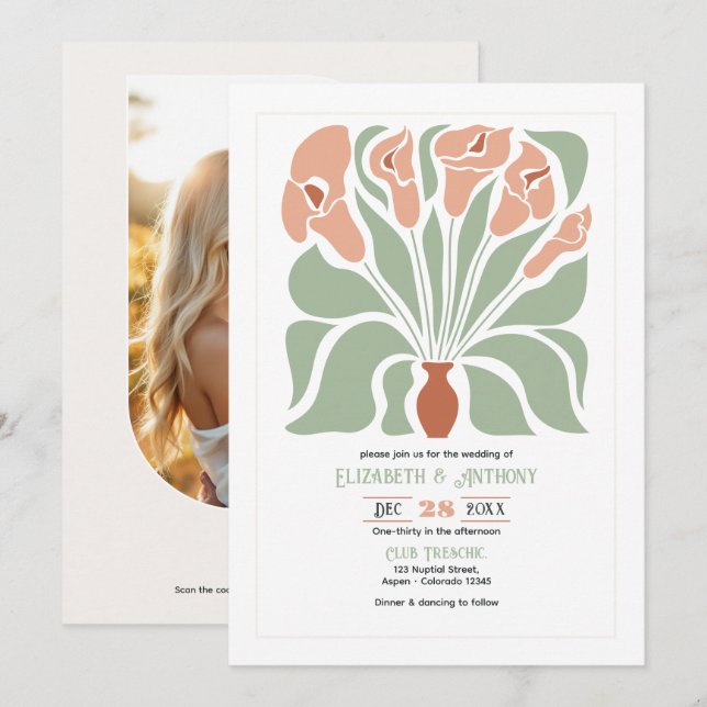 Convites Casamento Abstrato Floral Boho em Sage e Terracota (Frente/Verso)