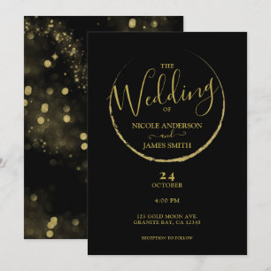 Convites Casamento Abstrato Lua Nova Brilho Preto e Dourado