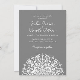 Convites Casamento Abstrato Mandala em Cinza Fumê Prateado