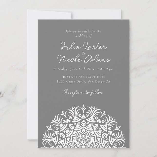 Convites Casamento Abstrato Mandala em Cinza Fumê Prateado  (Frente)