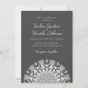 Convites Casamento Abstrato Mandala Fumê Cinza Carvão