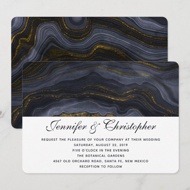 Convites Casamento Abstrato Moderno em Ouro Preto e Ágata A (Frente/Verso)
