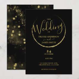 Convites Casamento Abstrato Preto e Dourado Nova Lua Brilho