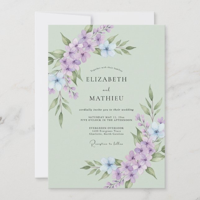 Convites Casamento Abundante em Verde Salvia e Lavanda (Frente)