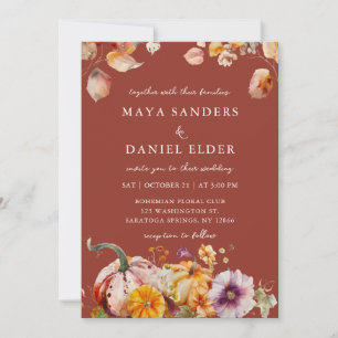 Convites Casamento Aconchegante com Flores de Outono e Abób