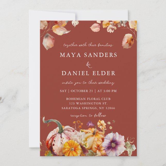 Convites Casamento Aconchegante com Flores de Outono e Abób (Frente)