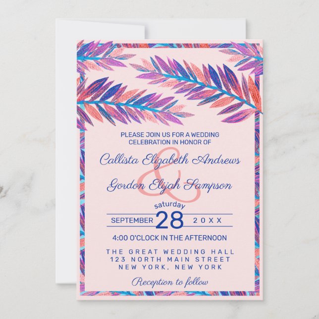 Convites Casamento Acrílico De Folhas Artísticas Elegantes (Frente)