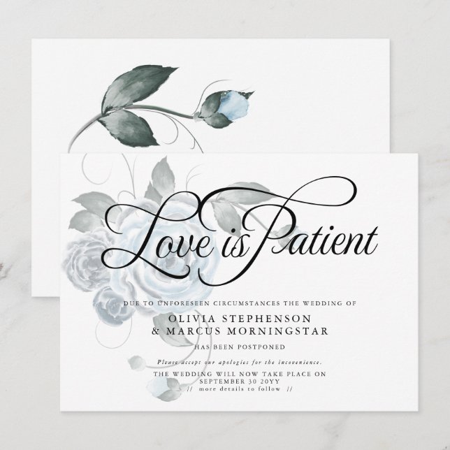 Convites Casamento Adiado  Aquarela Floral em Azul Desbotad (Frente/Verso)