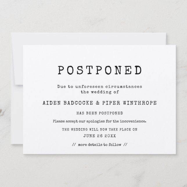 Convites casamento adiado máquina de escrever minimalista s (Frente)