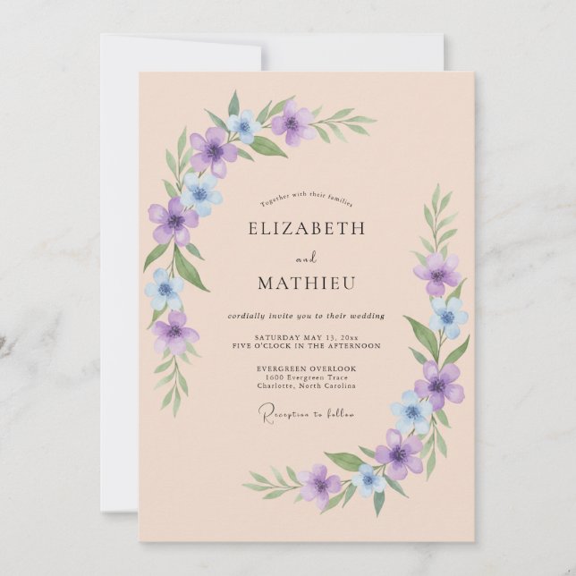 Convites Casamento Aéreo de Primavera com Lavanda e Pêssego (Frente)