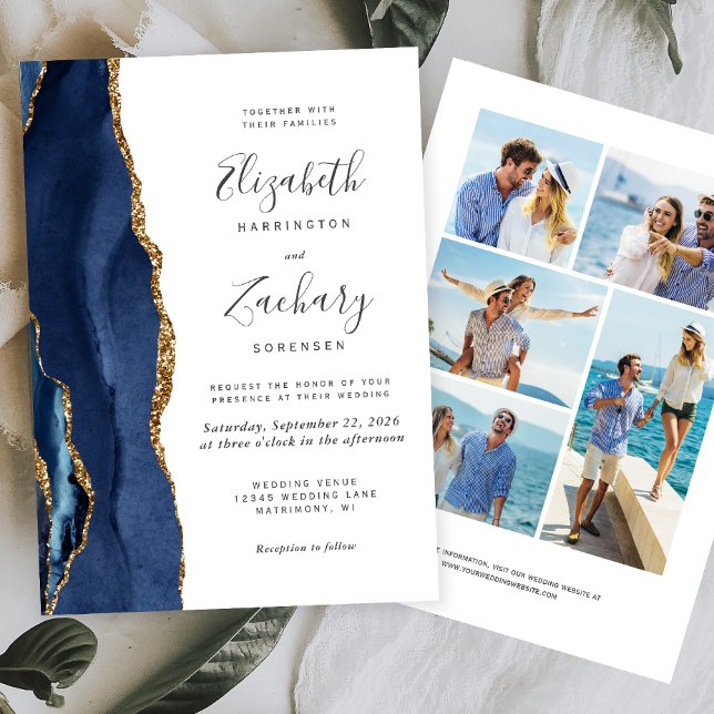 Convites Casamento Ágata Azul Naval Dourado 5-Fotos (Criador carregado)