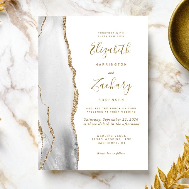 Convites Casamento Ágata Cinza Dourado Branco Moderno (Criador carregado)