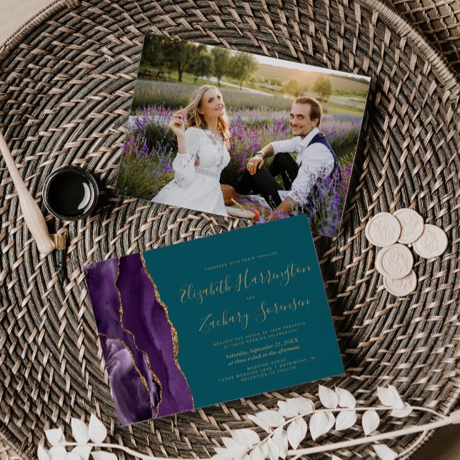 Convites Casamento Ágata Dourada Roxa Foto Moderna Verde-az (Criador carregado)