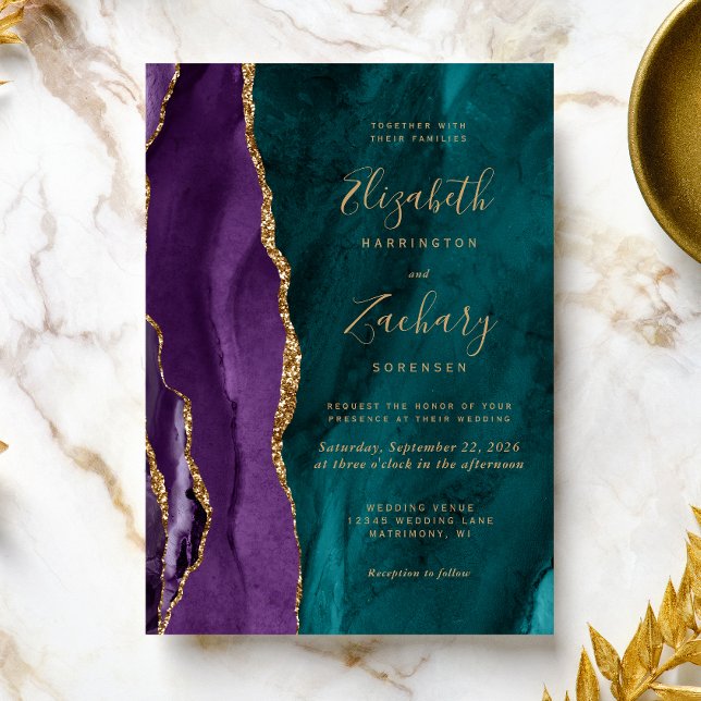 Convites Casamento Ágata Dourada Verde-azulado Moderno Roxo (An elegant choice for a wedding with a purple and teal color palette.)