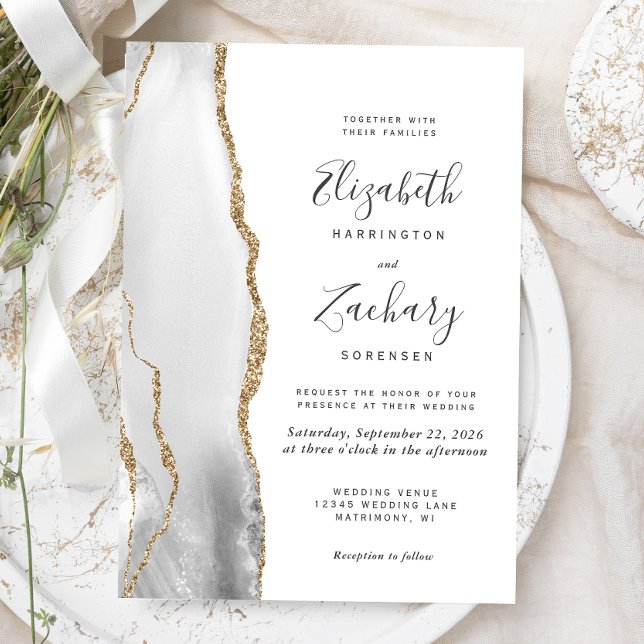 Convites Casamento Ágata Moderno Cinza Branco Dourado (Criador carregado)
