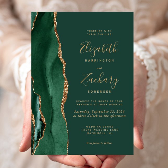 Convites Casamento Ágata Verde Esmeralda Chic Dourado (Criador carregado)