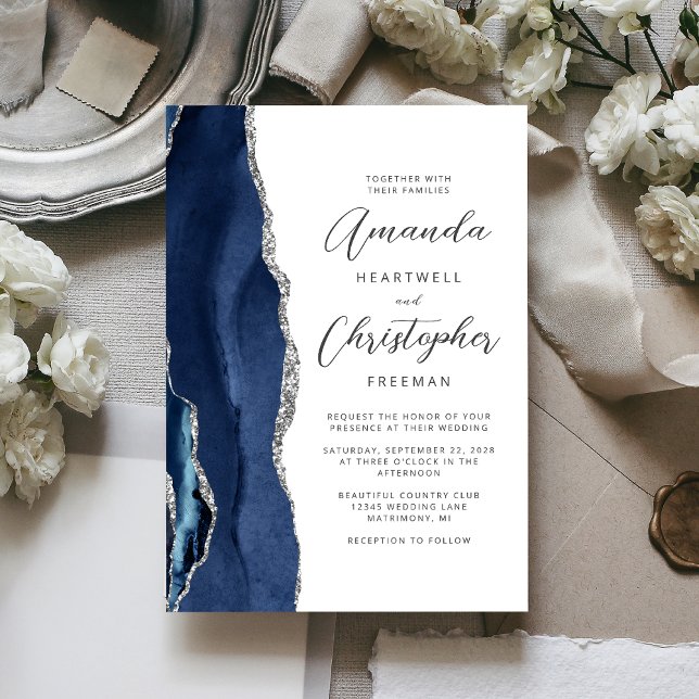 Convites Casamento Agate Azul Marinho Prata Script (Criador carregado)
