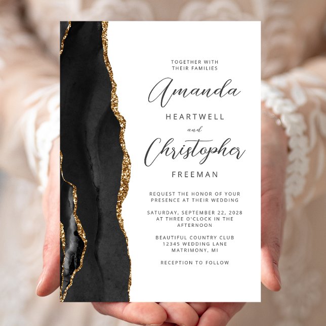 Convites Casamento Agate Black Gold Script (Criador carregado)