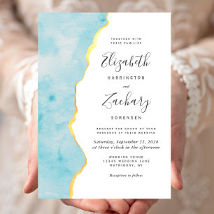 Convites Casamento Água-Marinha Ágata Aquarela Moderna