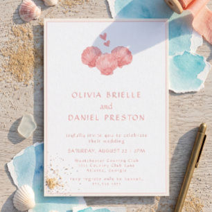 Convites Casamento Água-Marinha Aquarela Conchas Rosa