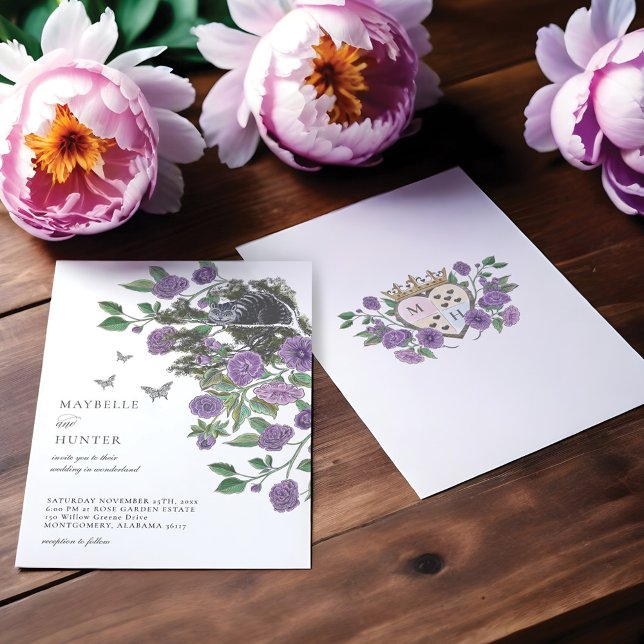 Convites Casamento Alice No País Das Maravilhas Cheshire Ca (Wedding Alice In Wonderland Cheshire Cat & Florals Invitation)