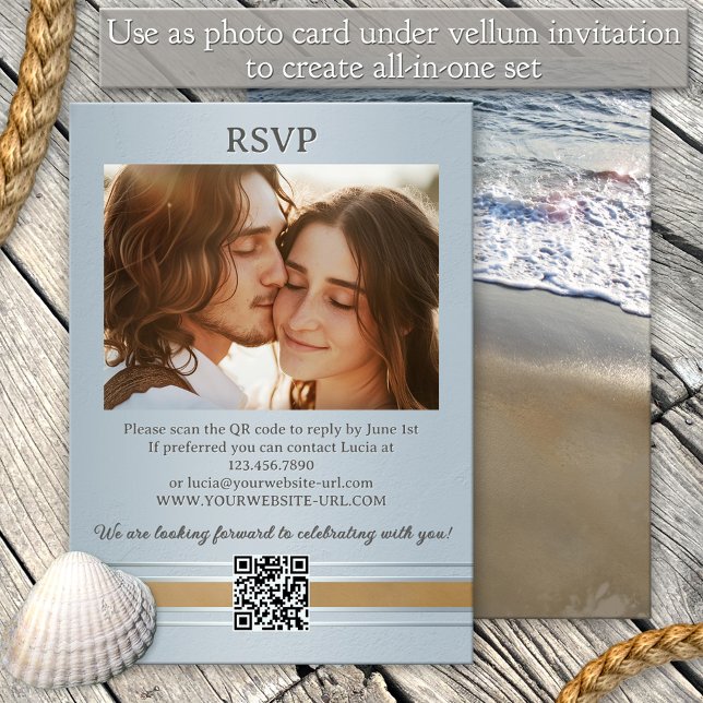 Convites Casamento All-in-One da Ocean Beach Elegant (Modern photo all-in-one invitation featuring a beach with waves flowing on the sand - add to vellum)
