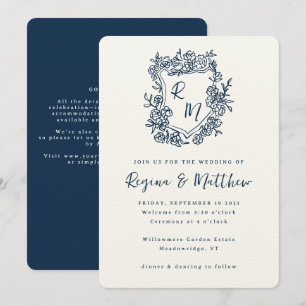 Convites Casamento All-in-one de Pé Azul Monograma Azul de