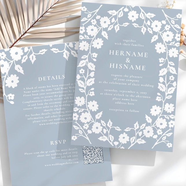Convites Casamento All-In-One de RSVP QR Floral Branco Dust (Criador carregado)