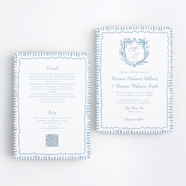 Convites Casamento All-In-One do Bespoke Blue Crest QR RSVP (Criador carregado)