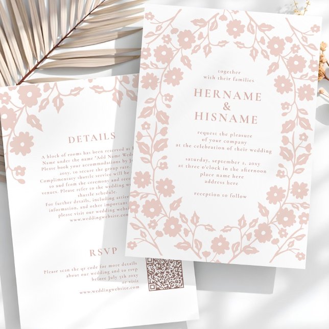 Convites Casamento All-In-One do Blush Folk Floral QR RSVP (Criador carregado)
