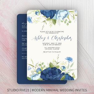 Convites Casamento All-in-One Floral Azul Elegante