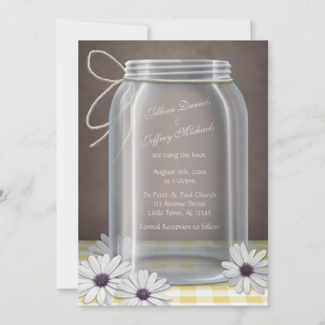 Convites Casamento Amarelo-Amarelo do Campo Mason Jar Daisy (Frente)
