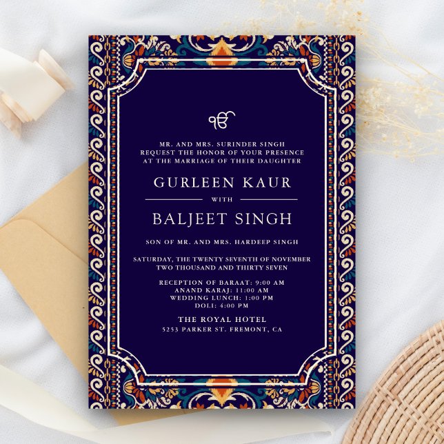 Convites Casamento Amarelo Azul Escuro Anand Karaj Sikh (Criador carregado)