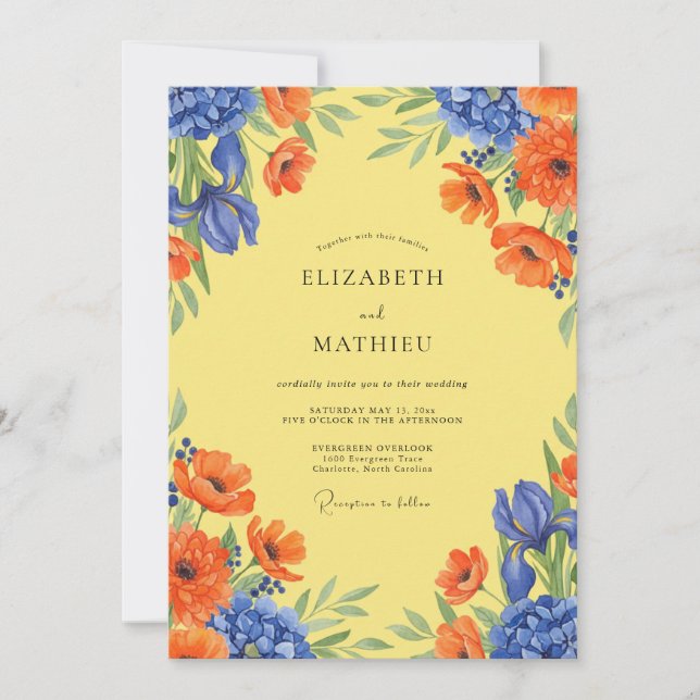 Convites Casamento Amarelo Azul Poppy (Frente)