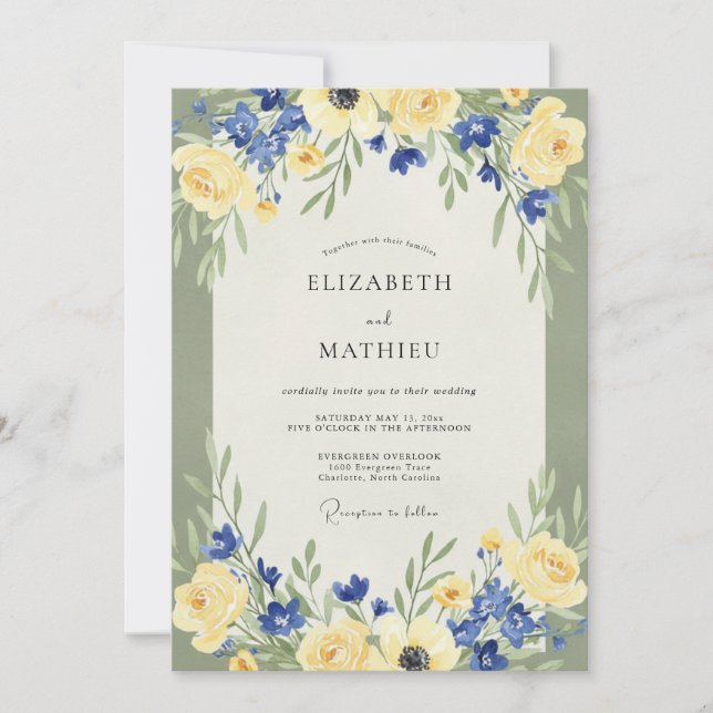 Convites Casamento Amarelo Azul Ranunculus Eucalipto (Frente)