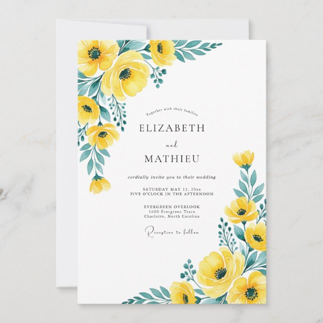 Convites Casamento Amarelo Azul Turquesa Alegre de Primaver (Frente)