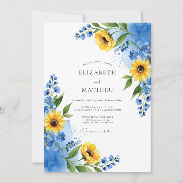 Convites Casamento Amarelo Azure Exuberante de Verão (Frente)