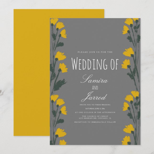 Convites Casamento Amarelo Botânico Floral Selvagem Desenha (Frente/Verso)