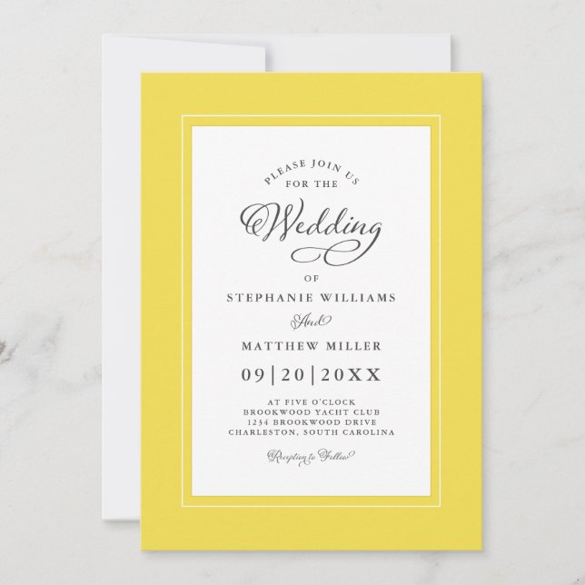 Convites Casamento Amarelo Branco Elegante Quadro de Caligr (Frente)