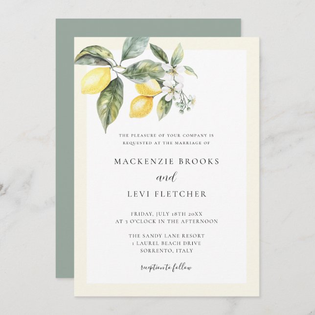 Convites Casamento Amarelo da Manteiga-Limão Elegante (Frente/Verso)