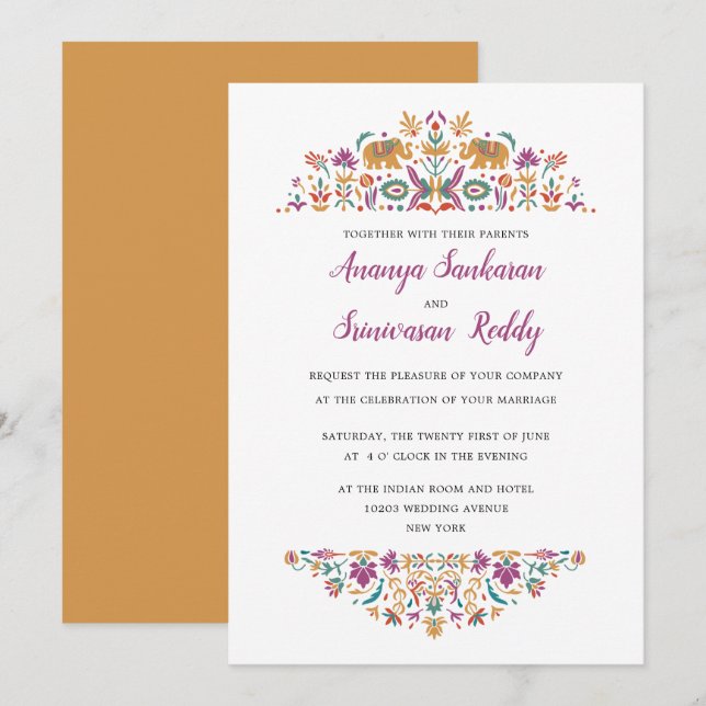 Convites Casamento Amarelo de Elefante Flor Indiano (Frente/Verso)