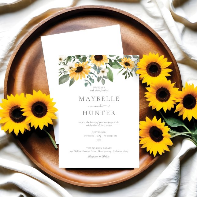 Convites Casamento Amarelo De Girassóis E Flores Selvagens (Yellow Watercolor Sunflowers & Wildflower Wedding Invitation)