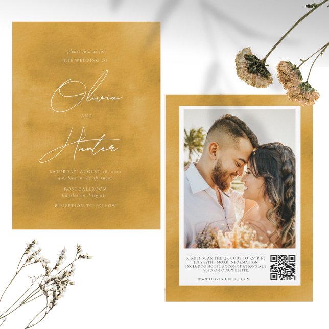 Convites Casamento Amarelo de Mostarda de Código QR Elegant (Criador carregado)