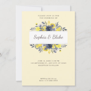 Convites Casamento Amarelo e Azul de Quadro Floral Amarelo