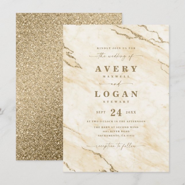 Convites Casamento Amarelo e Dourado de mármore e relâmpago (Frente/Verso)