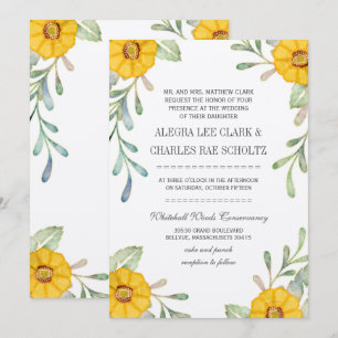 Convites Casamento Amarelo e Verde Floral de Aquarela Elega