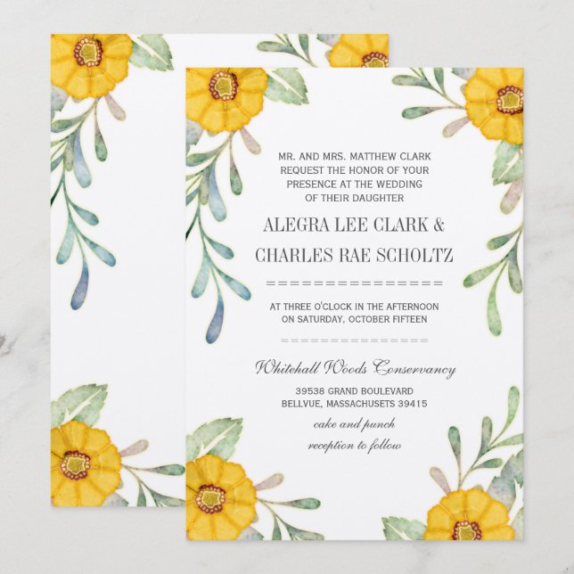 Convites Casamento Amarelo e Verde Floral de Aquarela Elega (Frente/Verso)