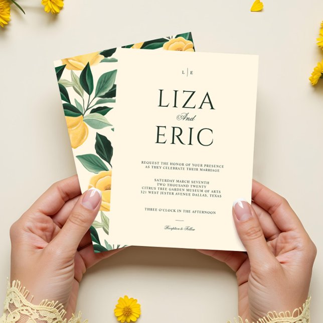 Convites Casamento Amarelo Elegante de Árvore Floral do Lem (Lemon Blossom Floral Tree Elegant Yellow Wedding Invitation)