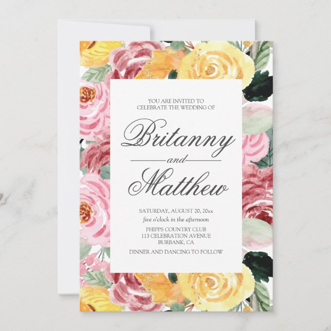 Convites Casamento Amarelo Floral de Watercolor (Frente)