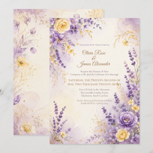 Convites Casamento Amarelo Lavanda | Romance Roxo (Frente/Verso)